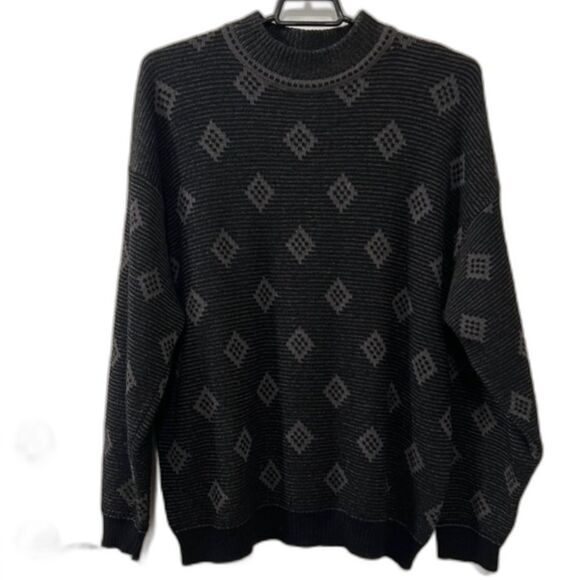 VTG Mondo di Marco Mens Black Gray Diamond Print Wool Blend Sweater Sz Medium - Picture 1 of 14